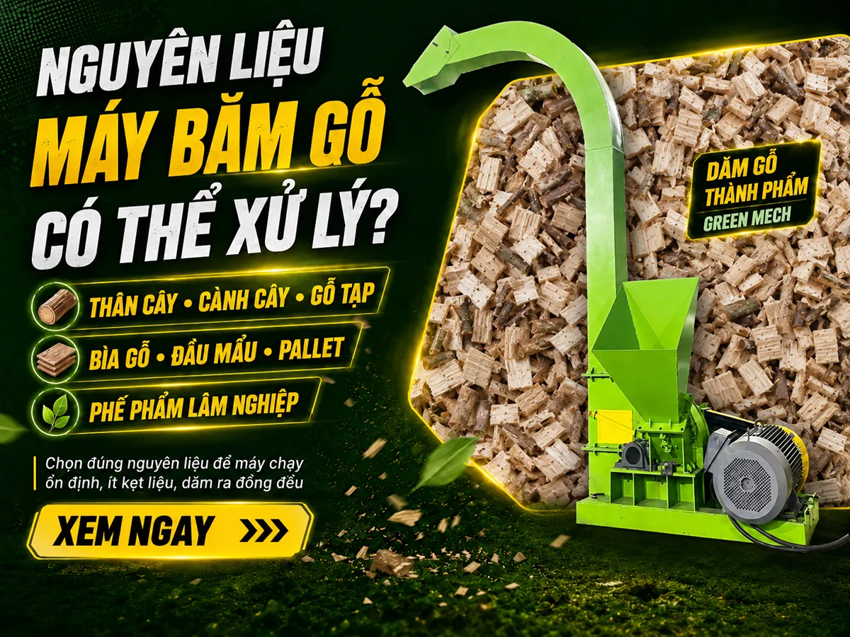 Nguyên liệu máy băm gỗ có thể xử lý rất đa dạng, từ thân cây, cành cây đến gỗ tạp và phế phẩm lâm nghiệp.