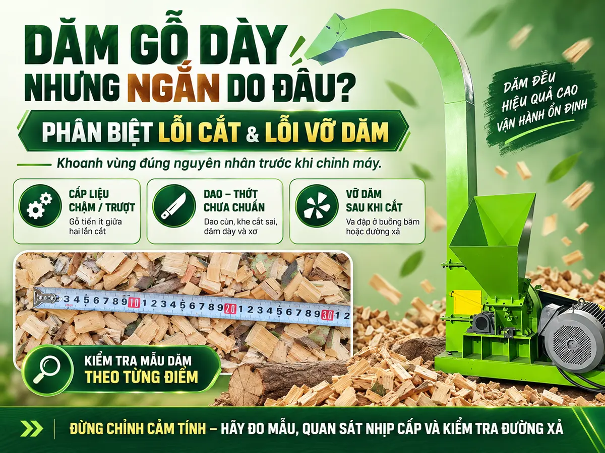Dăm gỗ dày nhưng ngắn do đâu? Xác định dăm bị cắt ngắn hay vỡ sau cắt, kiểm tra nhịp cấp liệu, dao–thớt, độ sắc dao và đường xả trước khi điều chỉnh máy.