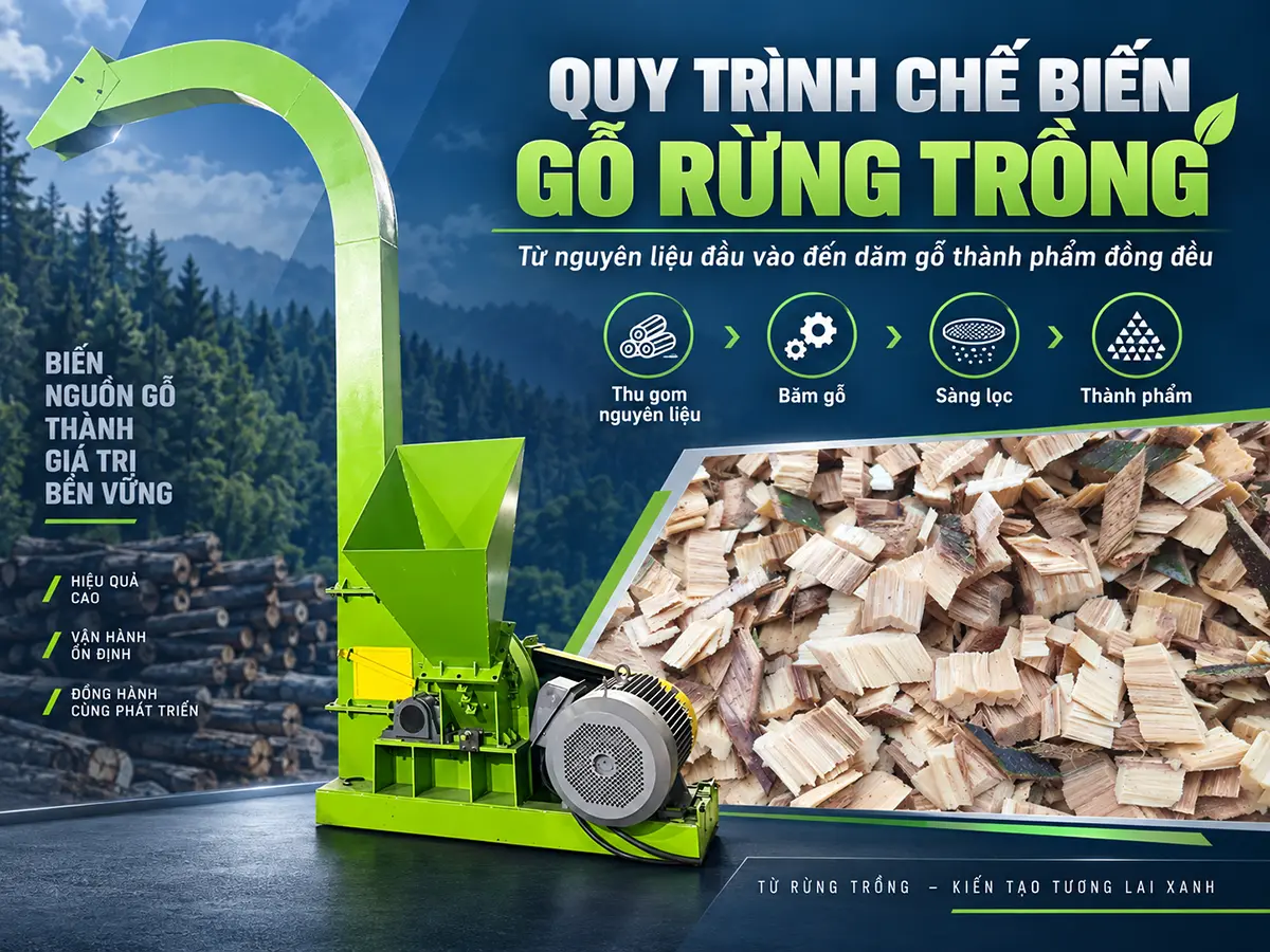 Quy trình chế biến gỗ rừng trồng từ phân loại, xẻ, sấy đến băm dăm. Tìm hiểu điểm kiểm soát chất lượng và cách bố trí thiết bị theo đầu ra.