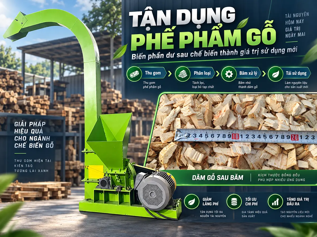Tận dụng phế phẩm từ xưởng chế biến gỗ bằng cách phân luồng bìa gỗ, mùn cưa và gỗ lẫn tạp chất; chọn đầu ra, thiết bị và đánh giá hiệu quả thực tế.
